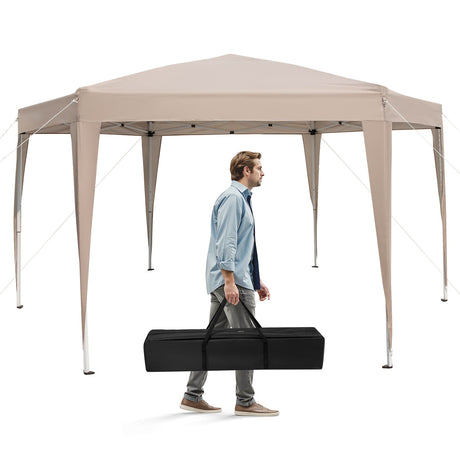 Carpa Hexagonal Plegable de 13 x 11.5 pies, Altura Ajustable, con Patas Vestidas - Caqui