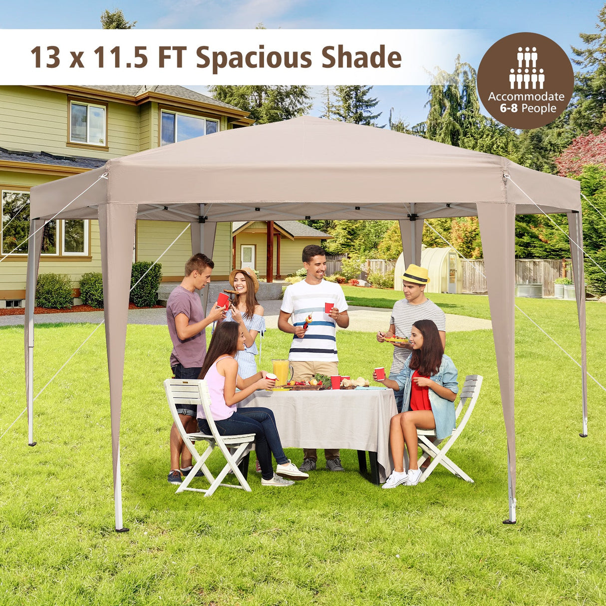 Carpa Hexagonal Plegable de 13 x 11.5 pies, Altura Ajustable, con Patas Vestidas - Caqui