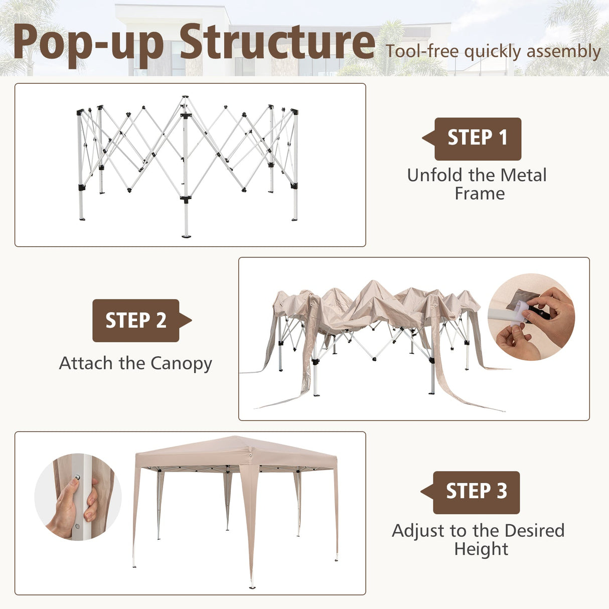 Carpa Hexagonal Plegable de 13 x 11.5 pies, Altura Ajustable, con Patas Vestidas - Caqui