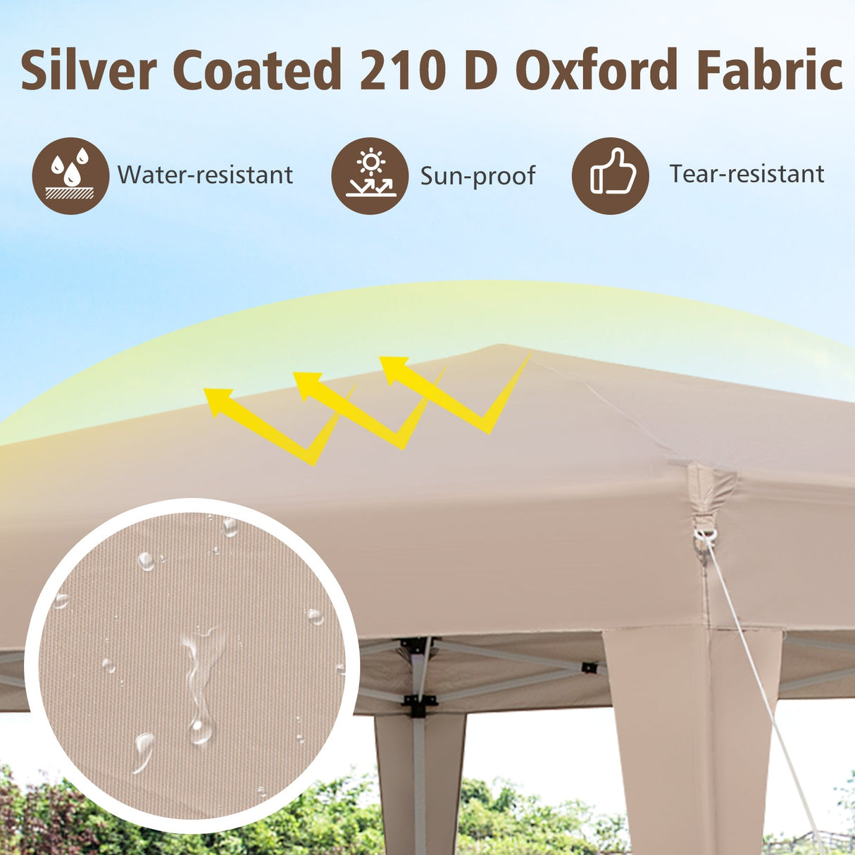Carpa Hexagonal Plegable de 13 x 11.5 pies, Altura Ajustable, con Patas Vestidas - Caqui