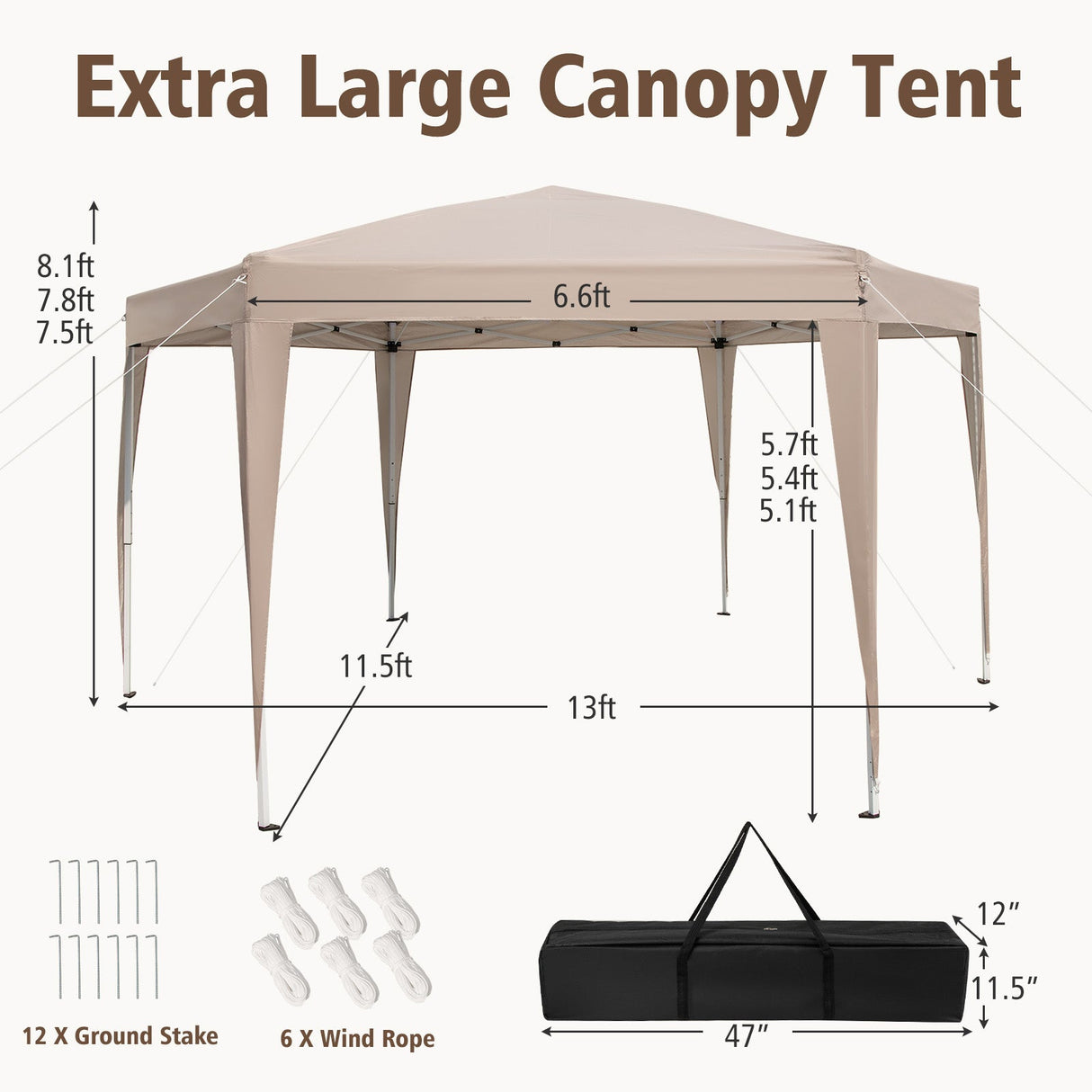 Carpa Hexagonal Plegable de 13 x 11.5 pies, Altura Ajustable, con Patas Vestidas - Caqui