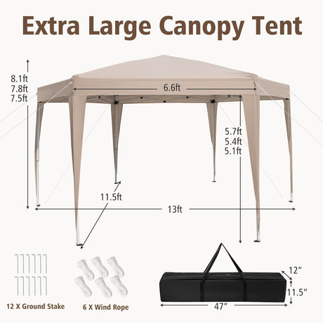 Carpa Hexagonal Plegable de 13 x 11.5 pies, Altura Ajustable, con Patas Vestidas - Caqui