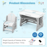 Height Adjustable Kids Table and Chair Set with Tiltable Whiteboard and Concave Shelf
