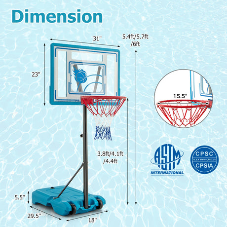 Canasta de baloncesto de piscina de altura ajustable de 3.8 a 4.4 pies para niños, adolescentes y adultos - Azul