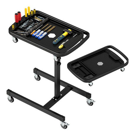 Bandeja de herramientas con ruedas 2 en 1, mesa de trabajo de altura ajustable con bandeja de piezas desmontable - Negra