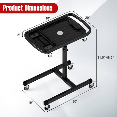 Bandeja de herramientas con ruedas 2 en 1, mesa de trabajo de altura ajustable con bandeja de piezas desmontable - Negra