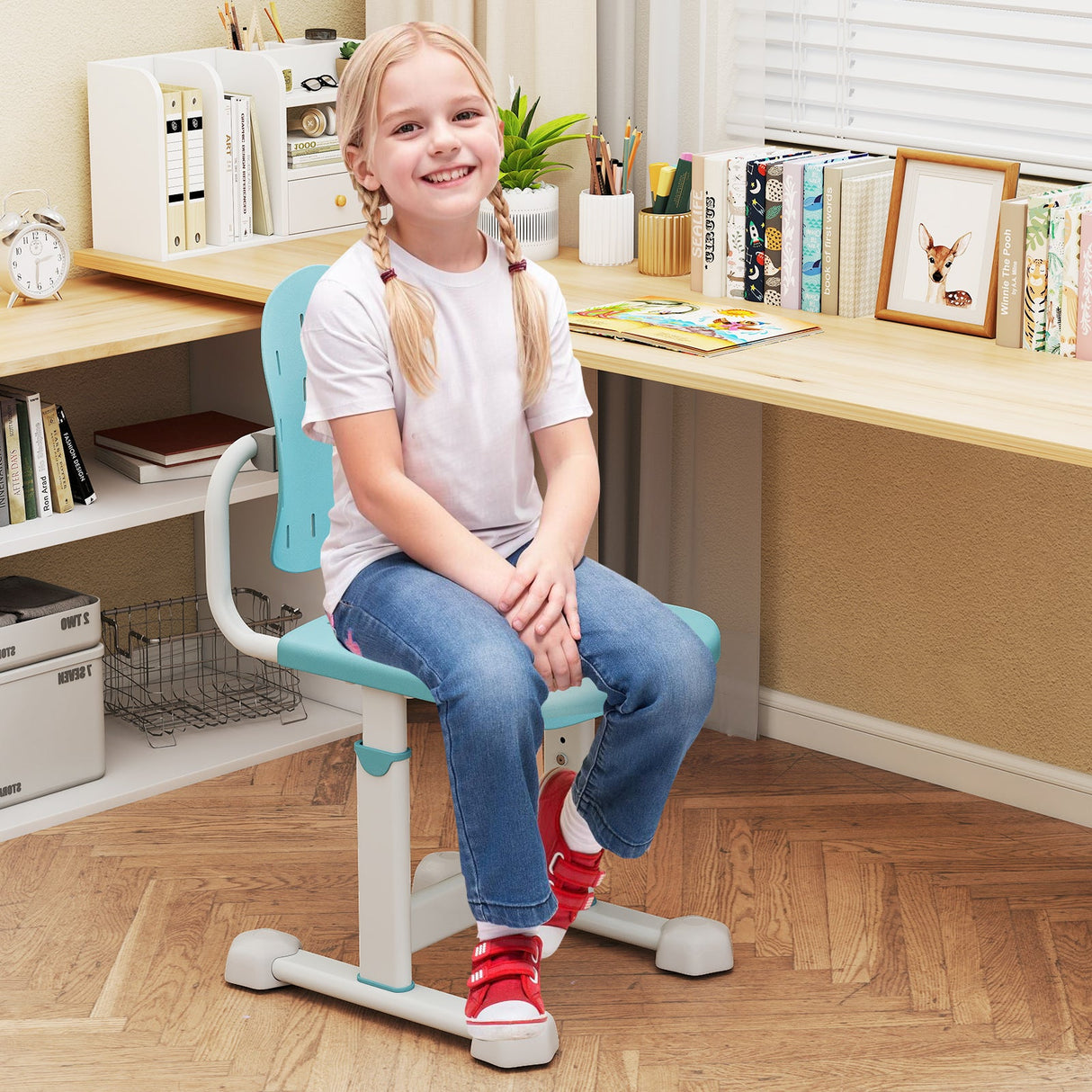 Silla de estudio infantil con altura regulable, doble respaldo y asiento transpirable para mayores de 3 años