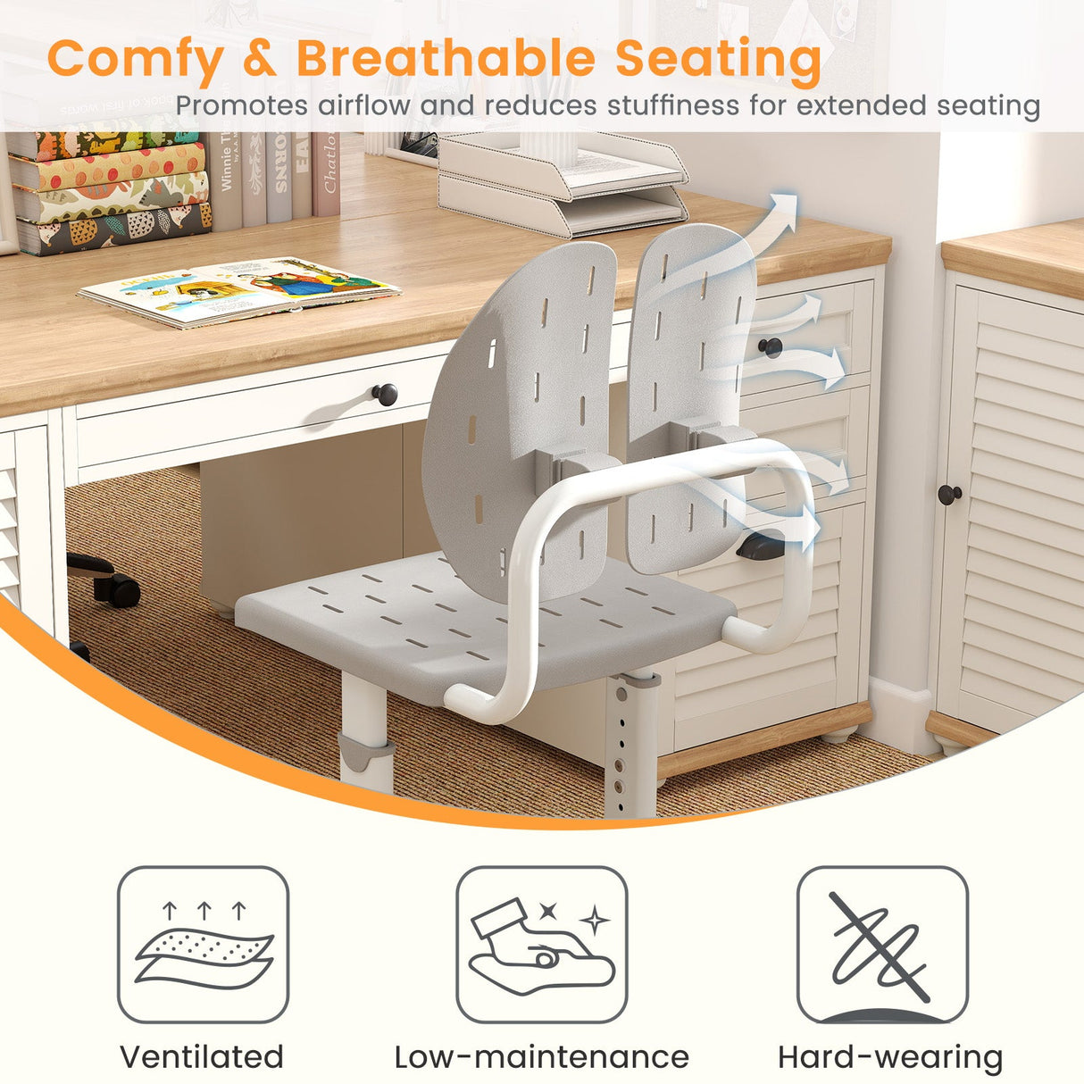 Silla de estudio infantil con altura regulable, doble respaldo y asiento transpirable para mayores de 3 años