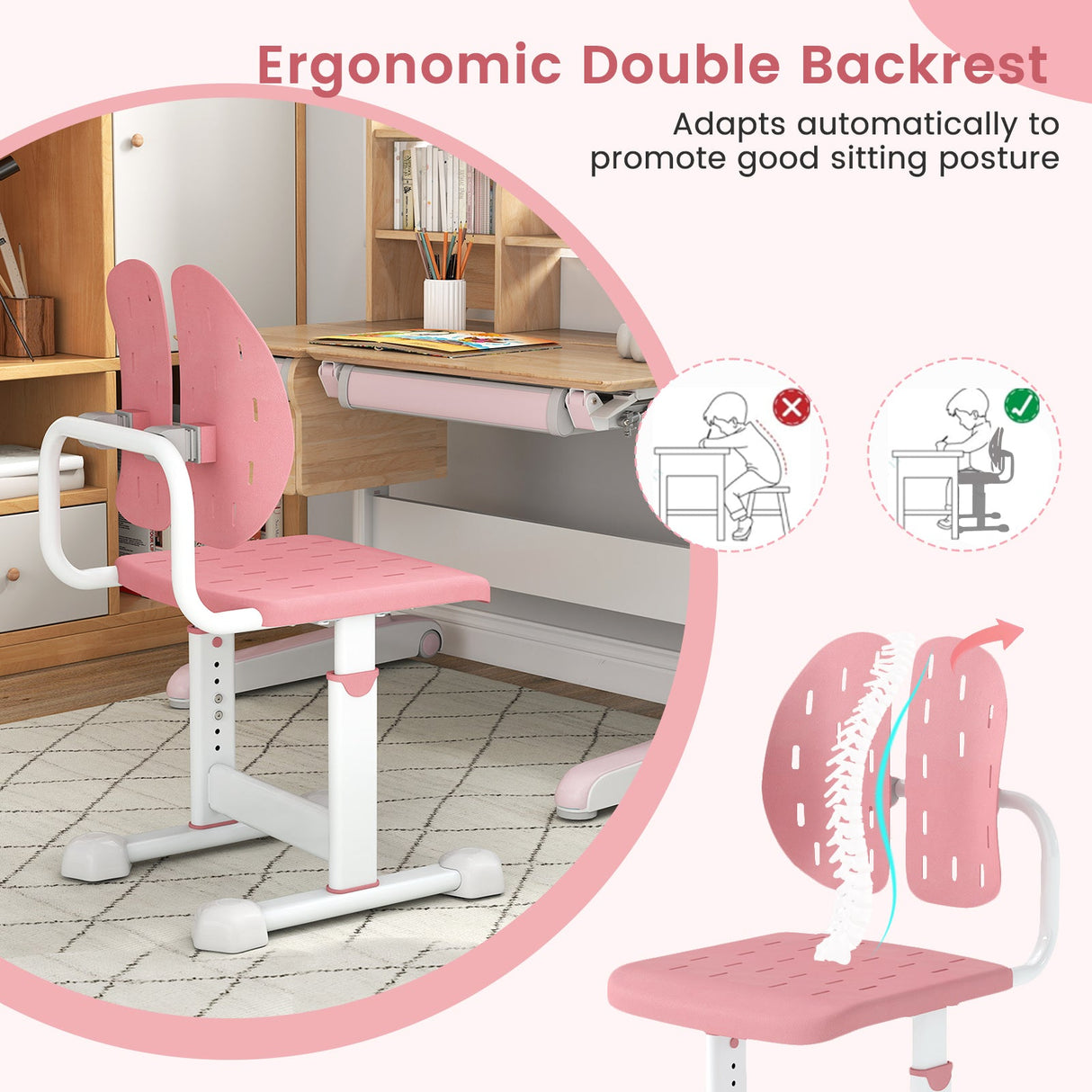 Silla de estudio infantil con altura regulable, doble respaldo y asiento transpirable para mayores de 3 años