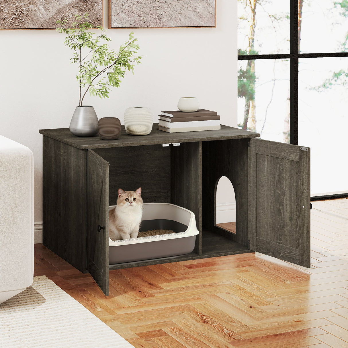 Mueble para arenero de gato oculto con separador - Roble