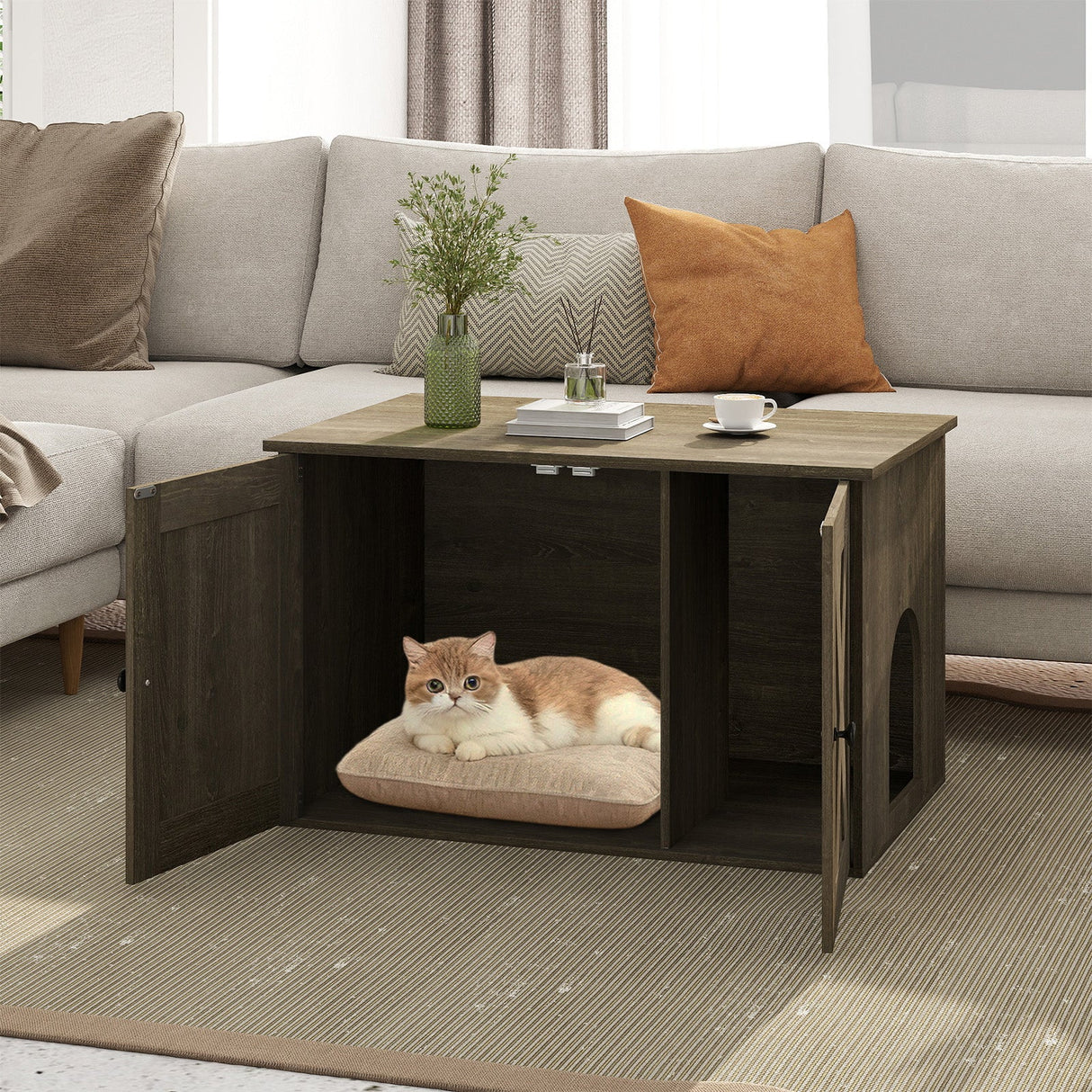 Mueble para arenero de gato oculto con separador - Roble