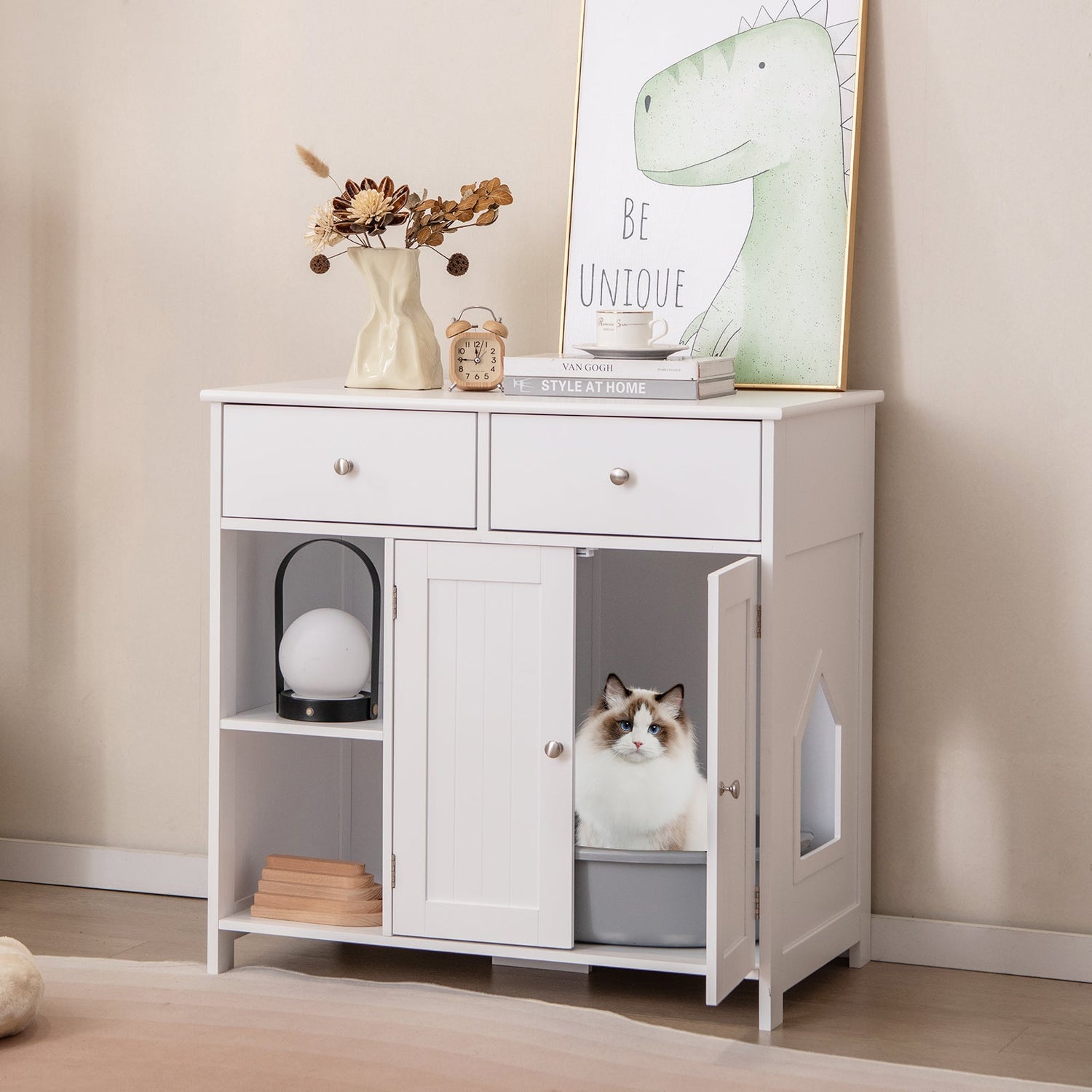 Hidden Cat Washroom Side Cabinet Wooden Pet House with 2 Drawers-White