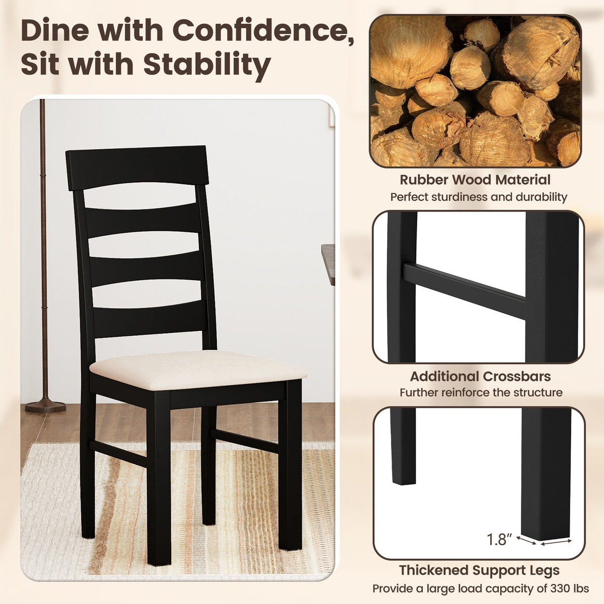 Juego de 2 sillas de comedor de respaldo alto con asiento acolchado - Negro
