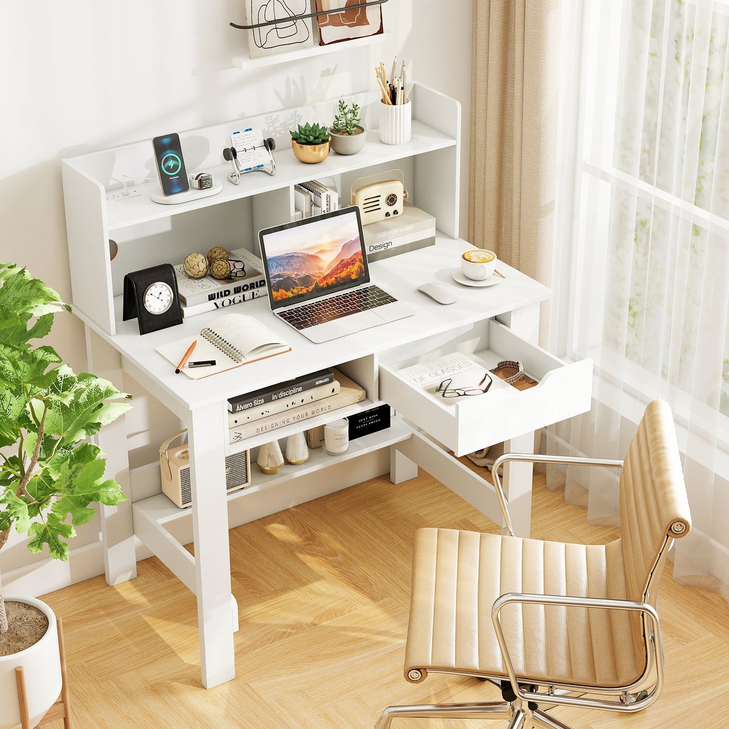 Escritorio de ordenador para oficina en casa con estantes de almacenamiento y cajón, ideal para trabajar y estudiar