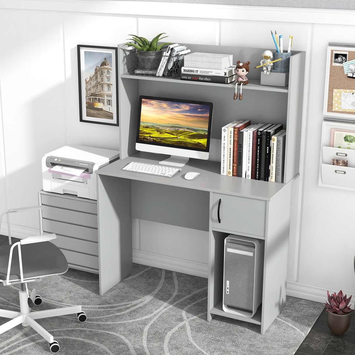 Escritorio de oficina en casa con estante elevado para pantalla y 2 estantes abiertos