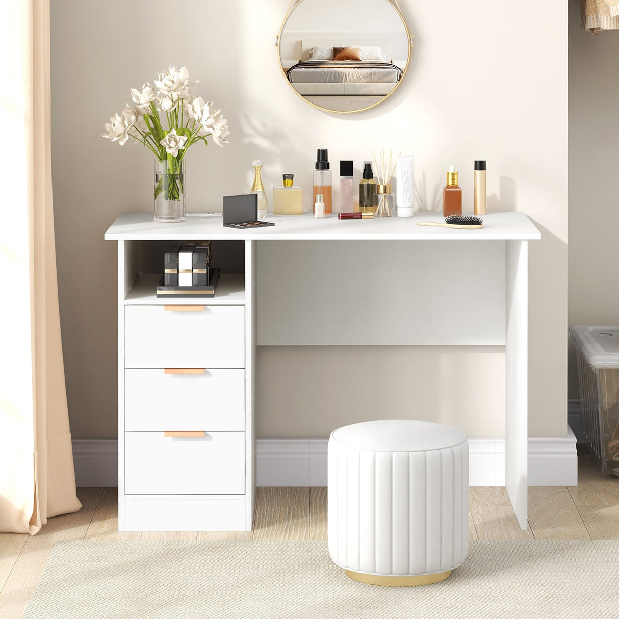 Home Office Desk with Power Outlet 3 Storage Drawers and Open Compartment-White
