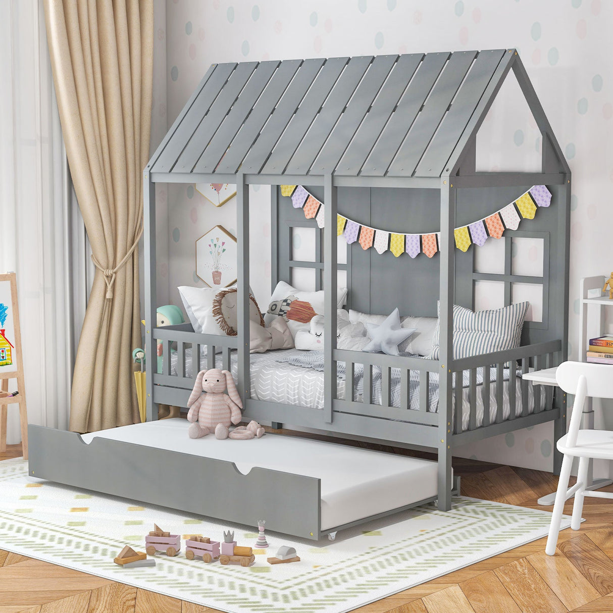 Cama individual con forma de casa con cama nido y techo de 82 pulgadas de alto