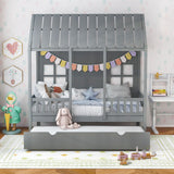 Cama individual con forma de casa con cama nido y techo de 82 pulgadas de alto