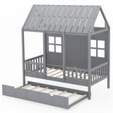 Cama individual con forma de casa con cama nido y techo de 82 pulgadas de alto