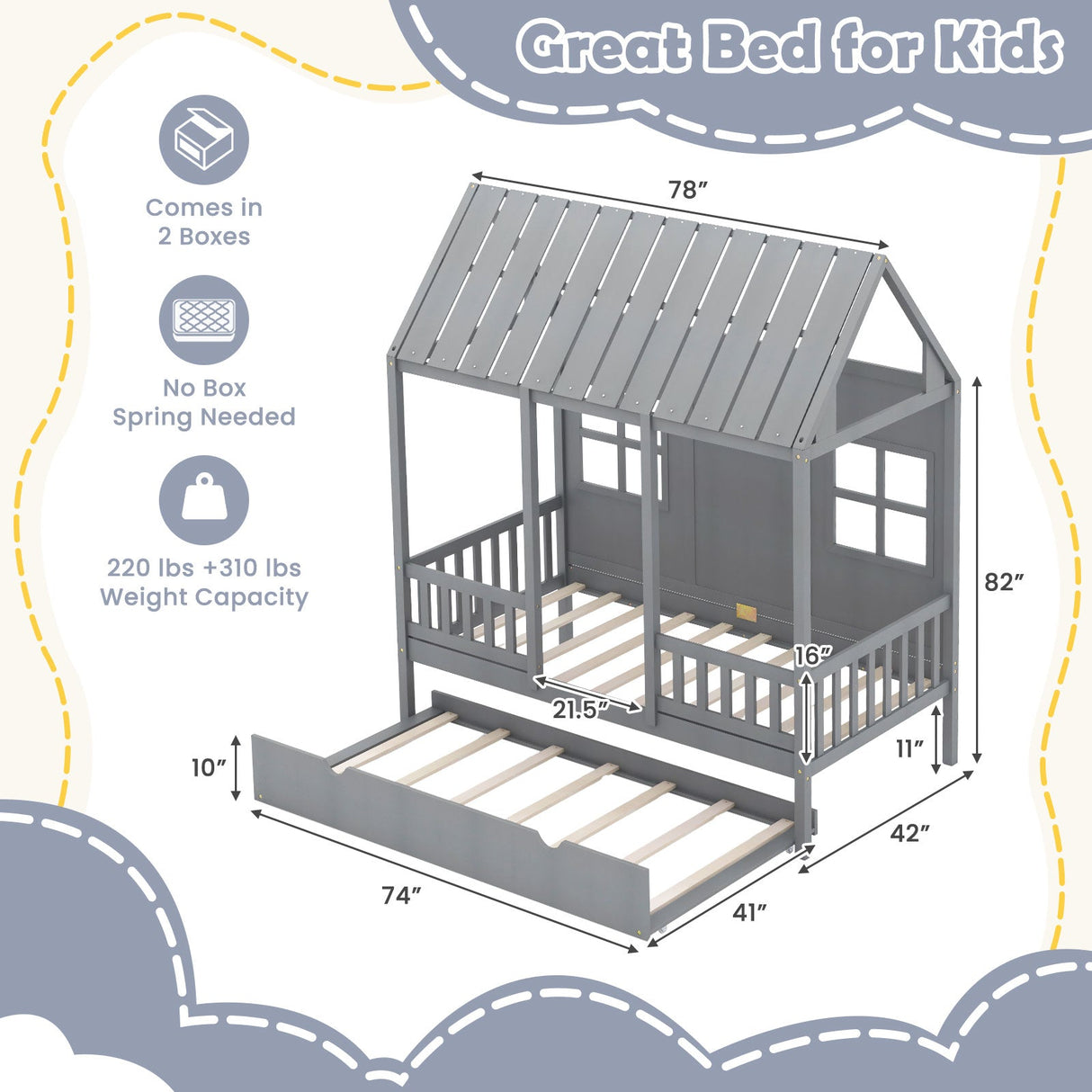 Cama individual con forma de casa con cama nido y techo de 82 pulgadas de alto