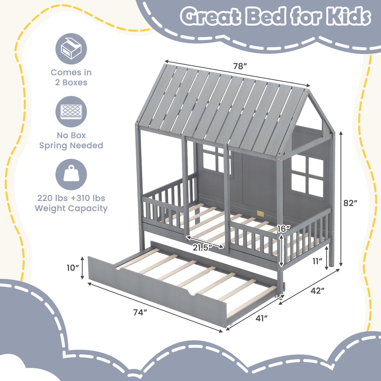 Cama individual con forma de casa con cama nido y techo de 82 pulgadas de alto