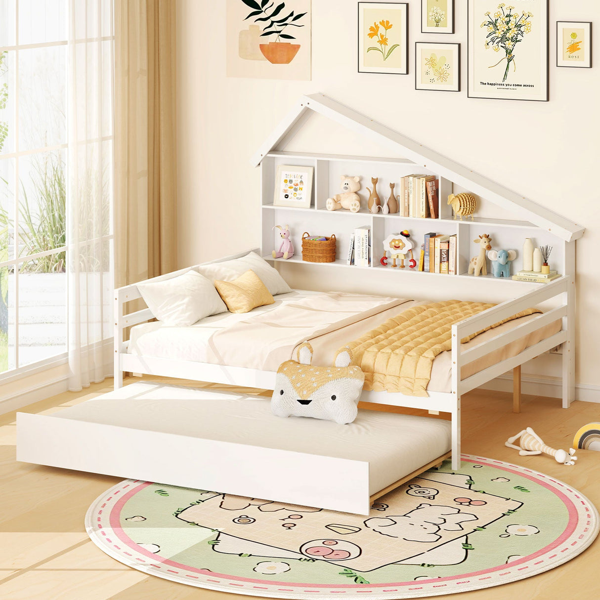 Cama nido de tamaño matrimonial con forma de casita con cama nido individual extraíble - Blanca