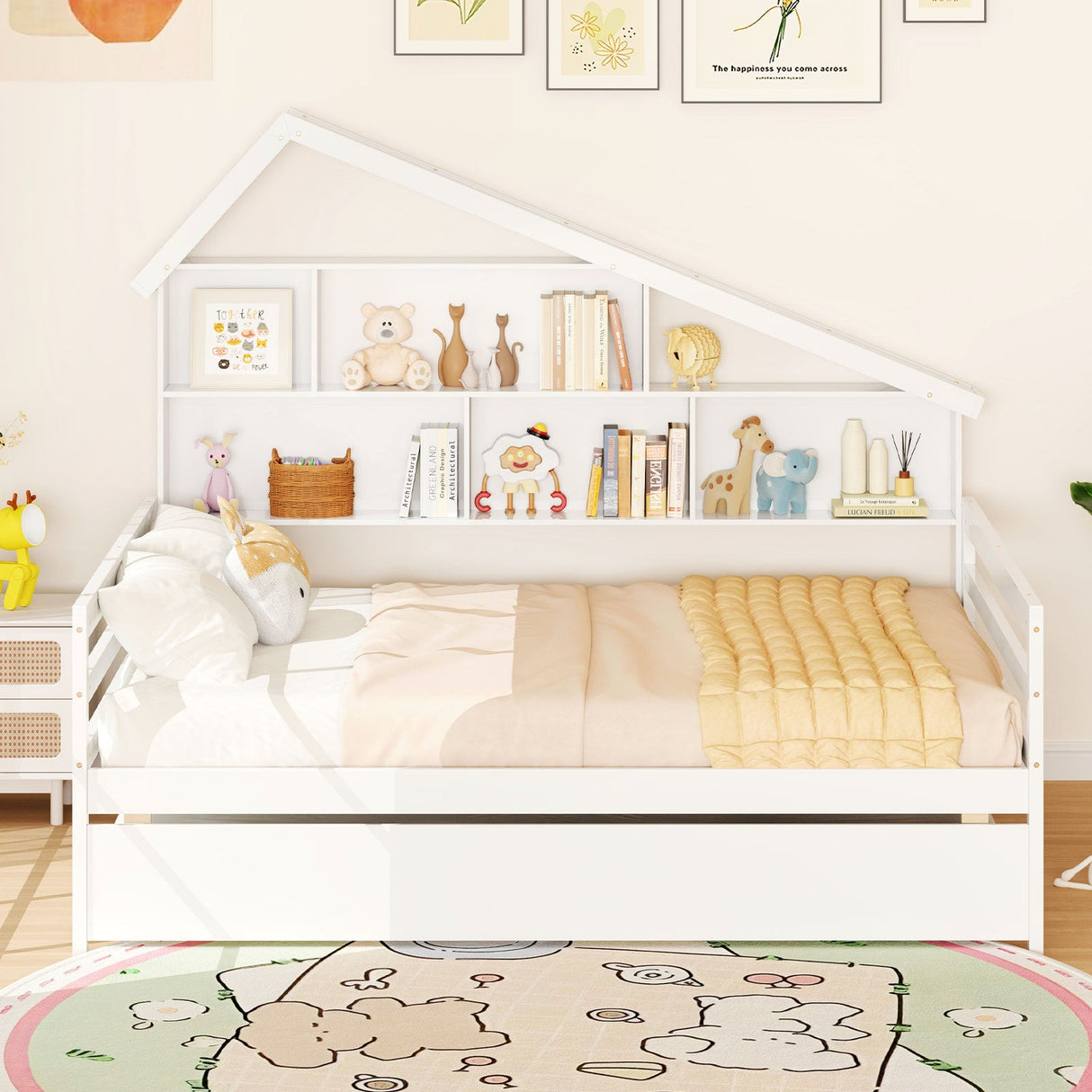 Cama nido de tamaño matrimonial con forma de casita con cama nido individual extraíble - Blanca