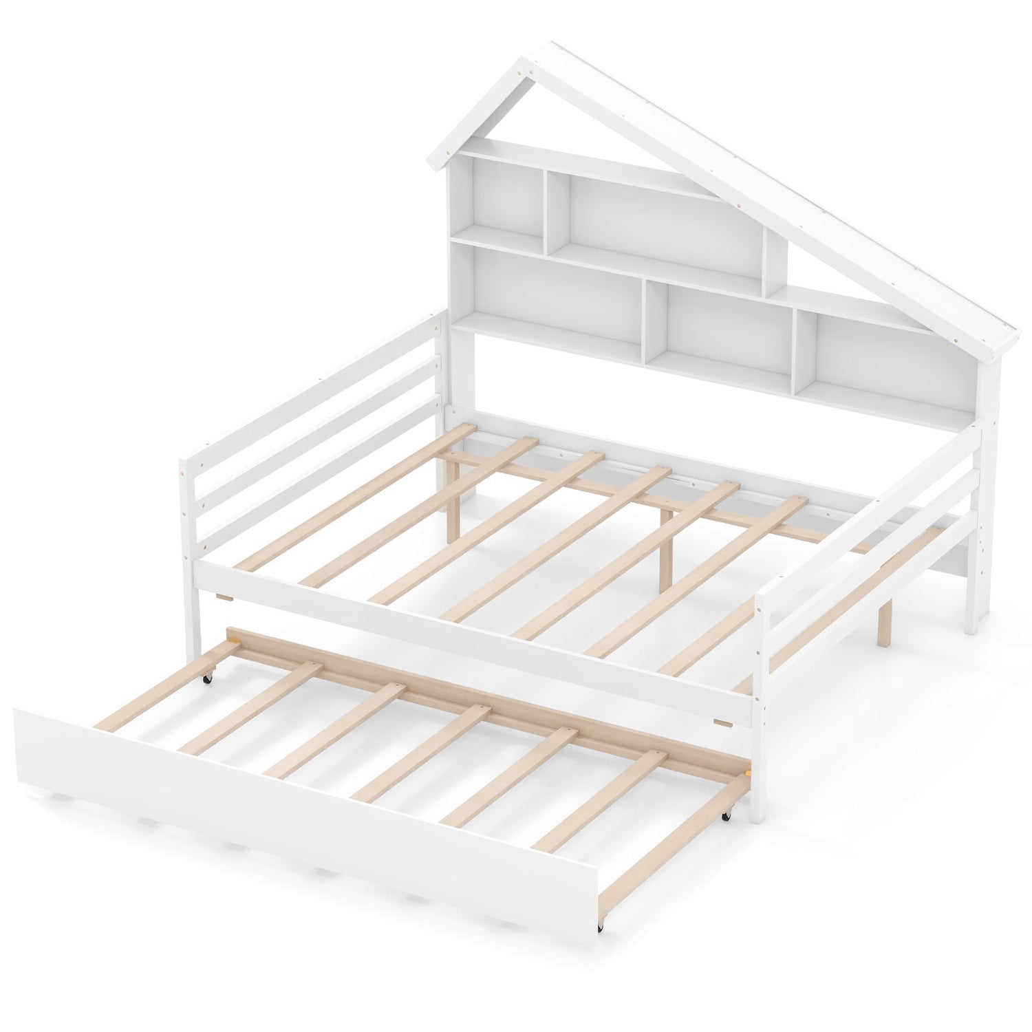 Cama nido de tamaño matrimonial con forma de casita con cama nido individual extraíble - Blanca