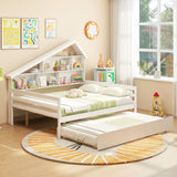 Cama nido de tamaño matrimonial con forma de casita con cama nido individual extraíble - Blanca