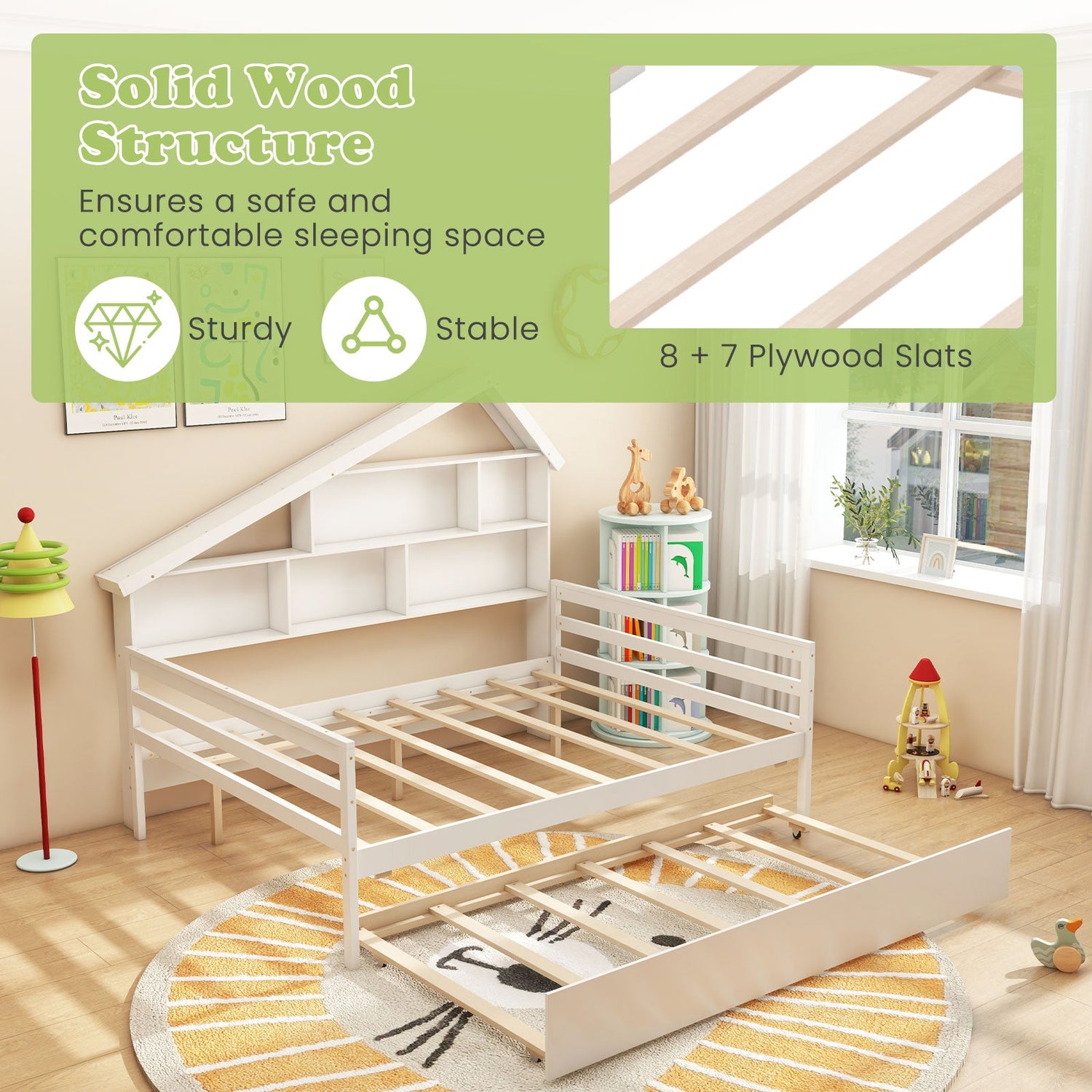 Cama nido de tamaño matrimonial con forma de casita con cama nido individual extraíble - Blanca