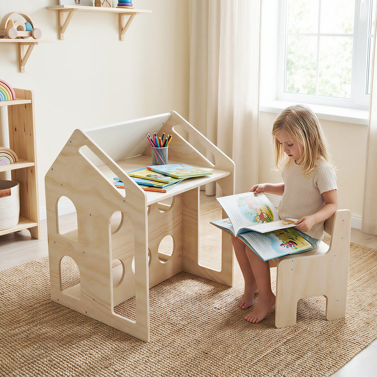 Juego de Mesa y Sillas de Madera con Forma de Casita para Niños con Actividades - Natural