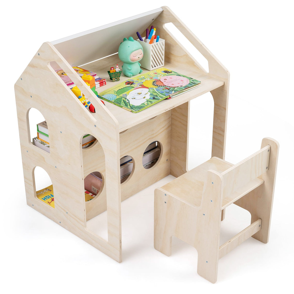 Juego de Mesa y Sillas de Madera con Forma de Casita para Niños con Actividades - Natural