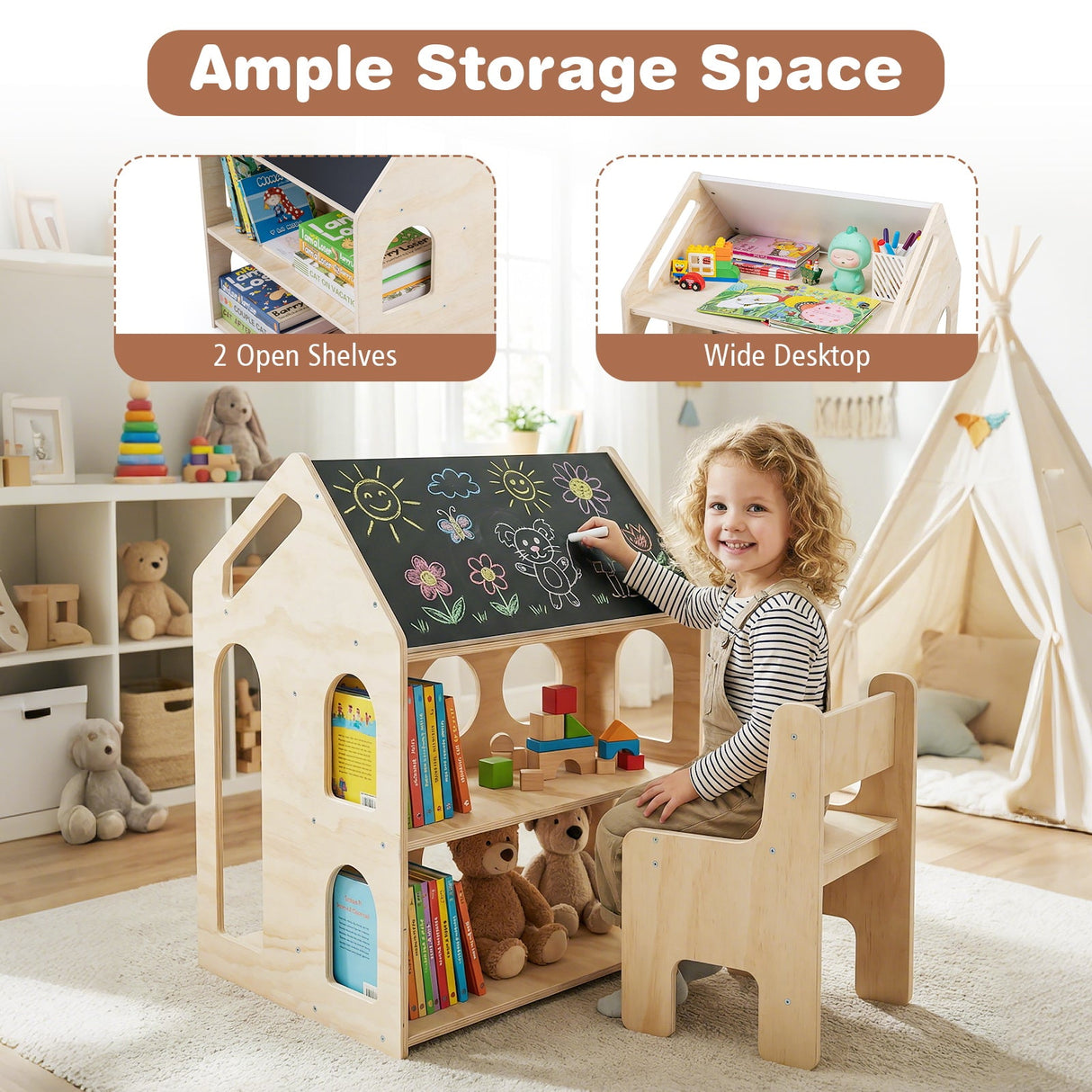 Juego de Mesa y Sillas de Madera con Forma de Casita para Niños con Actividades - Natural