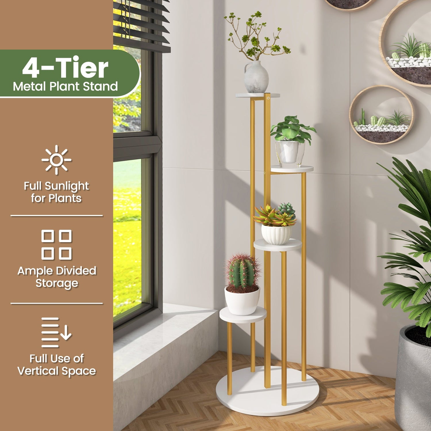 Soporte esquinero de metal para plantas de interior con marco metálico dorado - Blanco