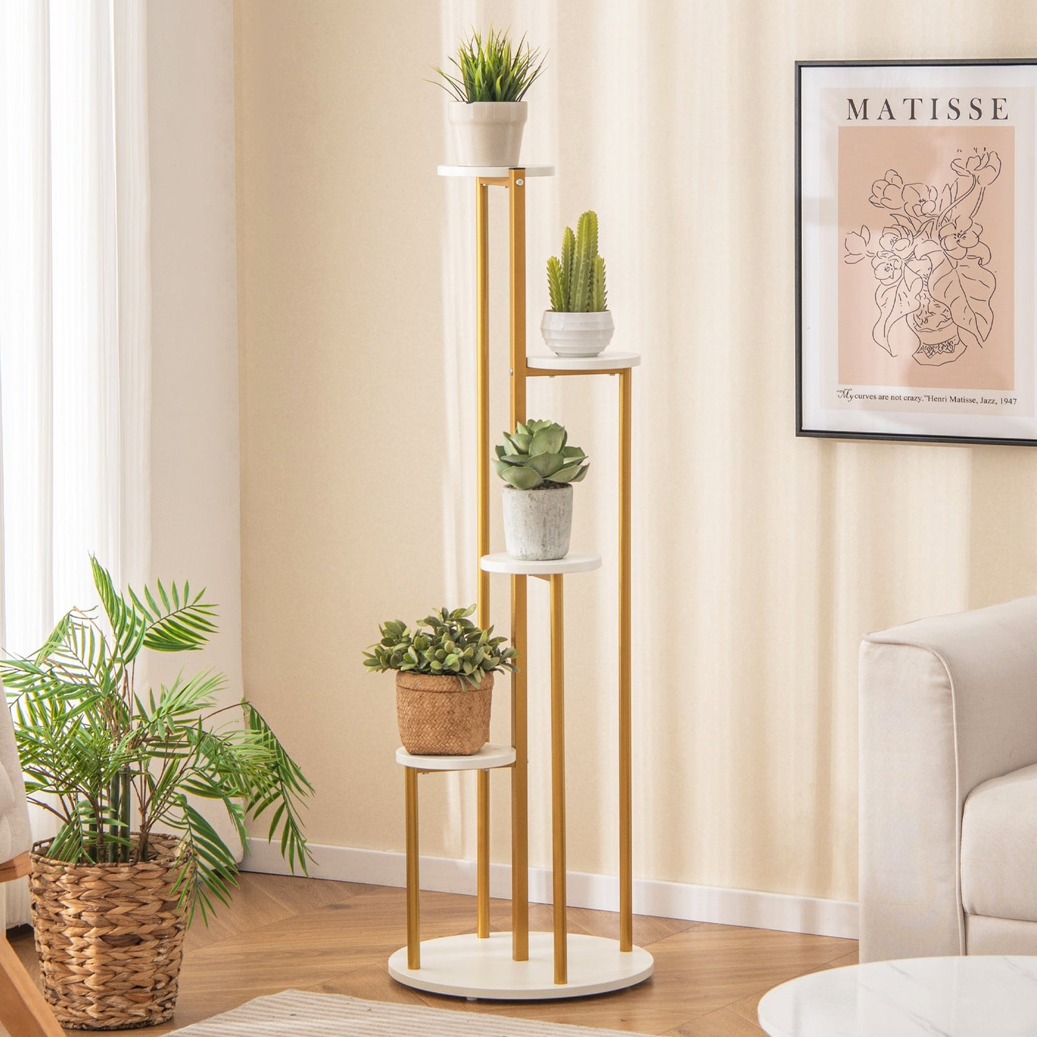 Soporte esquinero de metal para plantas de interior con marco metálico dorado - Blanco