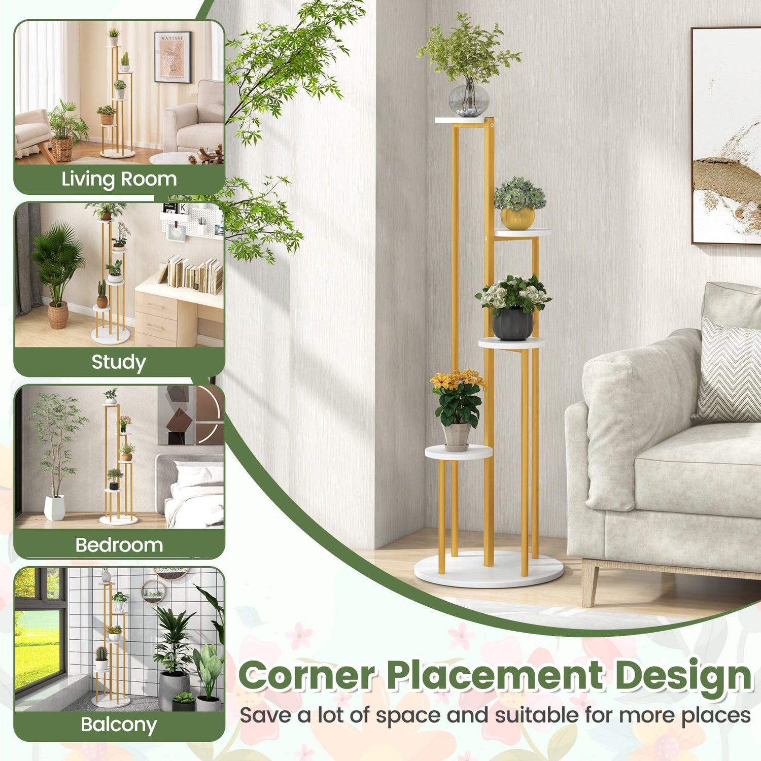 Soporte esquinero de metal para plantas de interior con marco metálico dorado - Blanco
