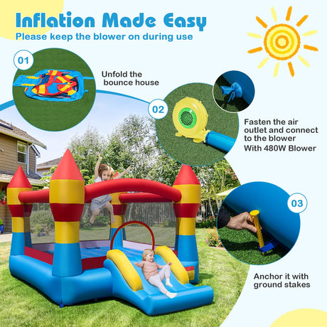 Saltador 3 en 1 para niños con tobogán y soplador de 480W para el jardín