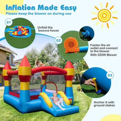 Castillo Hinchable Infantil 3 en 1 con Tobogán y Soplador de 520W para Jardín