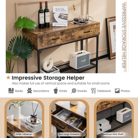 Mesa consola industrial con 2 cajones y marco de acero para espacios pequeños - Marrón rústico