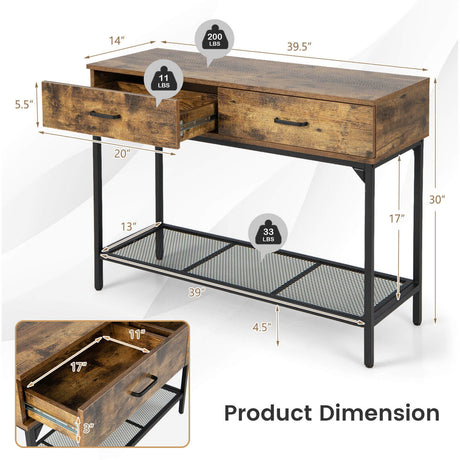 Mesa consola industrial con 2 cajones y marco de acero para espacios pequeños - Marrón rústico