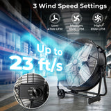 Ventilador industrial de tambor con 2 ruedas y basculación ajustable de 360 grados-Negro