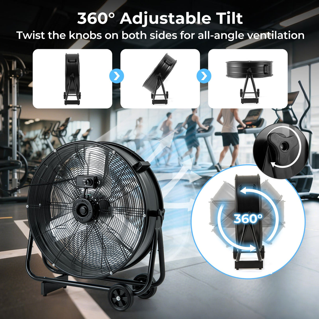Ventilador industrial de tambor con 2 ruedas y basculación ajustable de 360 grados-Negro