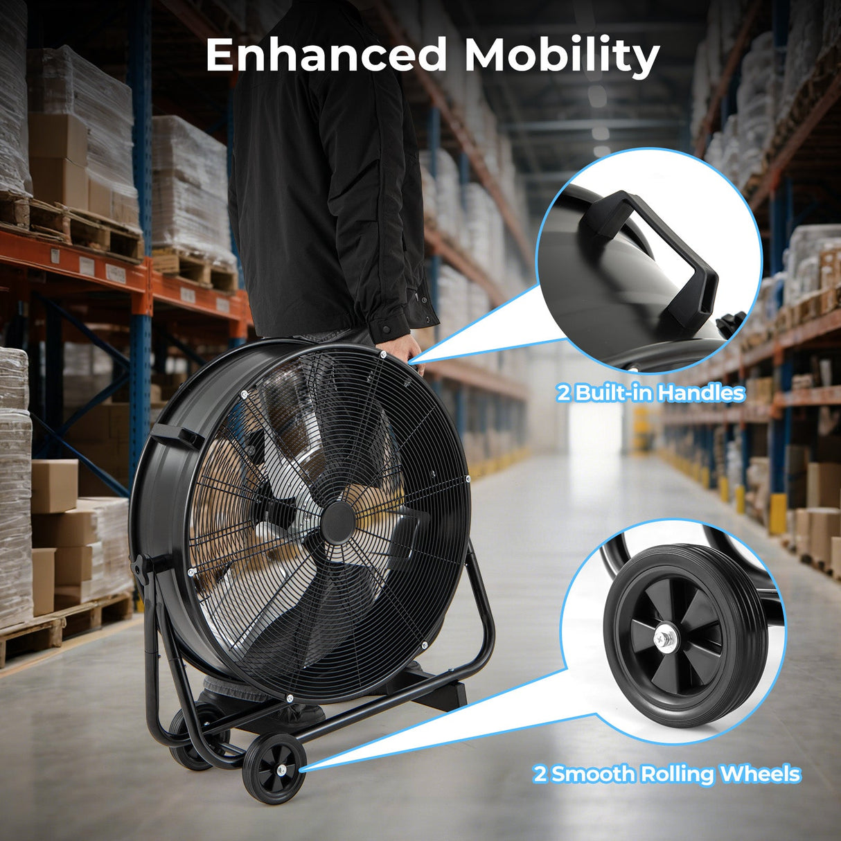 Ventilador industrial de tambor con 2 ruedas y basculación ajustable de 360 grados-Negro