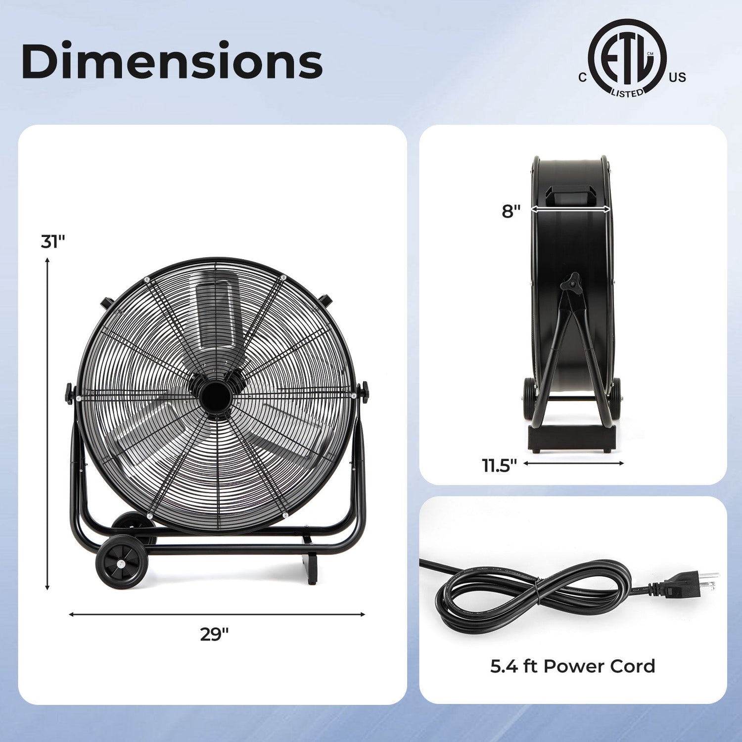 Ventilador industrial de tambor con 2 ruedas y basculación ajustable de 360 grados-Negro