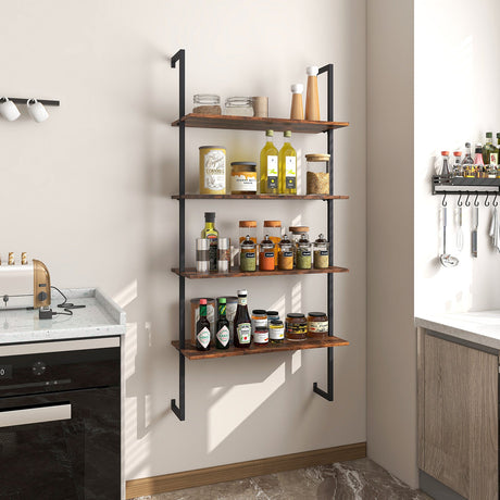 4-Tier Industrial Ladder Bookshelf with Metal Frame-Coffee
