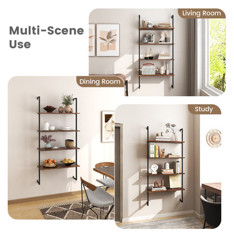4-Tier Industrial Ladder Bookshelf with Metal Frame-Coffee