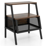 Industrial Nightstand 3-Tier End Table with 2 Open Shelves and Metal Mesh Compartment-Rustic Brown