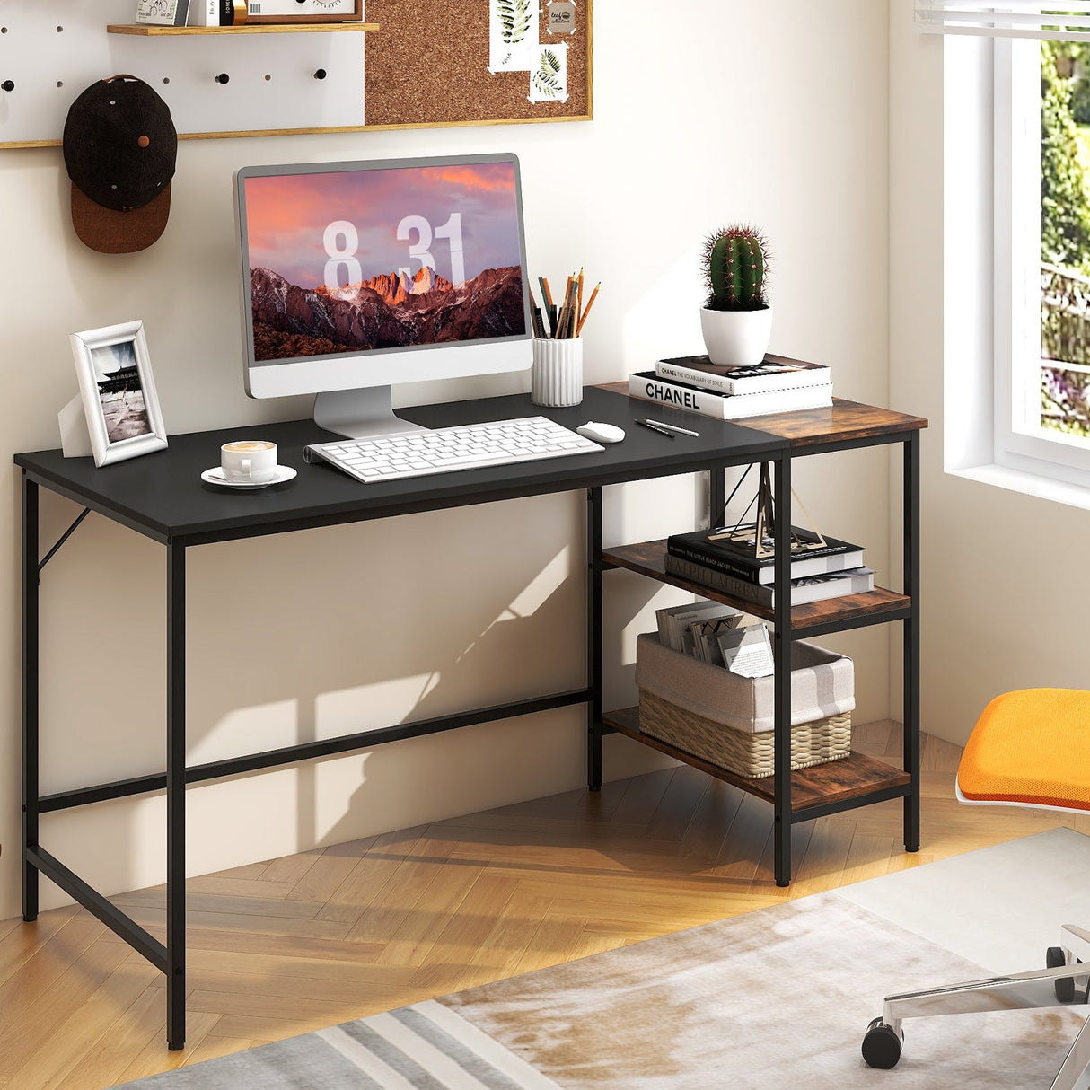 Escritorio de estudio de estilo industrial moderno de 55 pulgadas con 2 estantes de almacenamiento