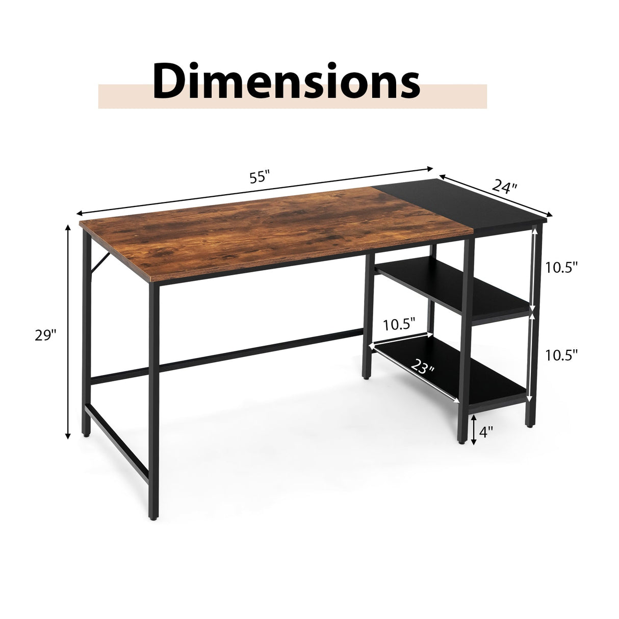 Escritorio de estudio de estilo industrial moderno de 55 pulgadas con 2 estantes de almacenamiento