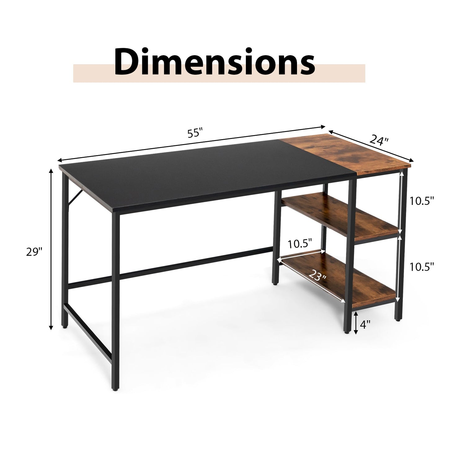 Escritorio de estudio de estilo industrial moderno de 55 pulgadas con 2 estantes de almacenamiento